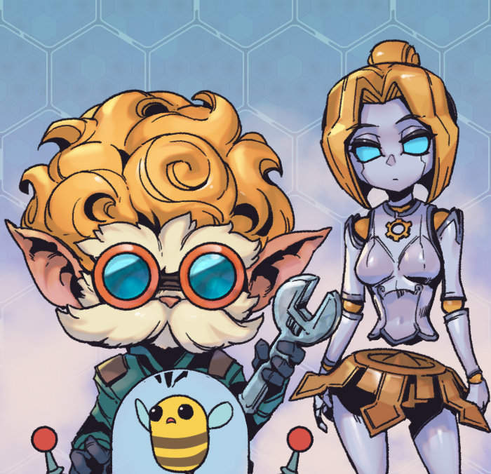 1boy 1girl animal beard bee blonde_hair blue_background breasts bug cowboy_shot facial_hair floating gloves goggles gradient_background green_eyes heimerdinger holding holding_wrench insect league_of_legends medium_breasts mustache no_pupils notice_lines orianna_(league_of_legends) phantom_ix_row pointy_ears robot short_hair standing wrench yordle