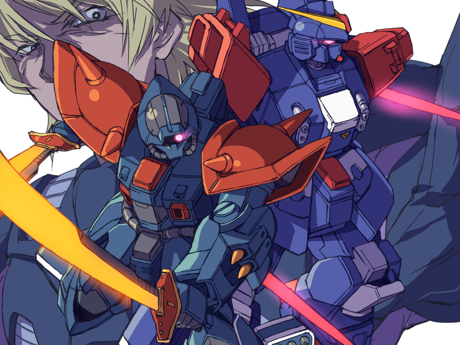 atsushi/hao blonde_hair blue_destiny_02 dual_wielding efreet_custom gundam gundam_side_story:_the_blue_destiny highres holding mecha nimbus_schterzen robot weapon