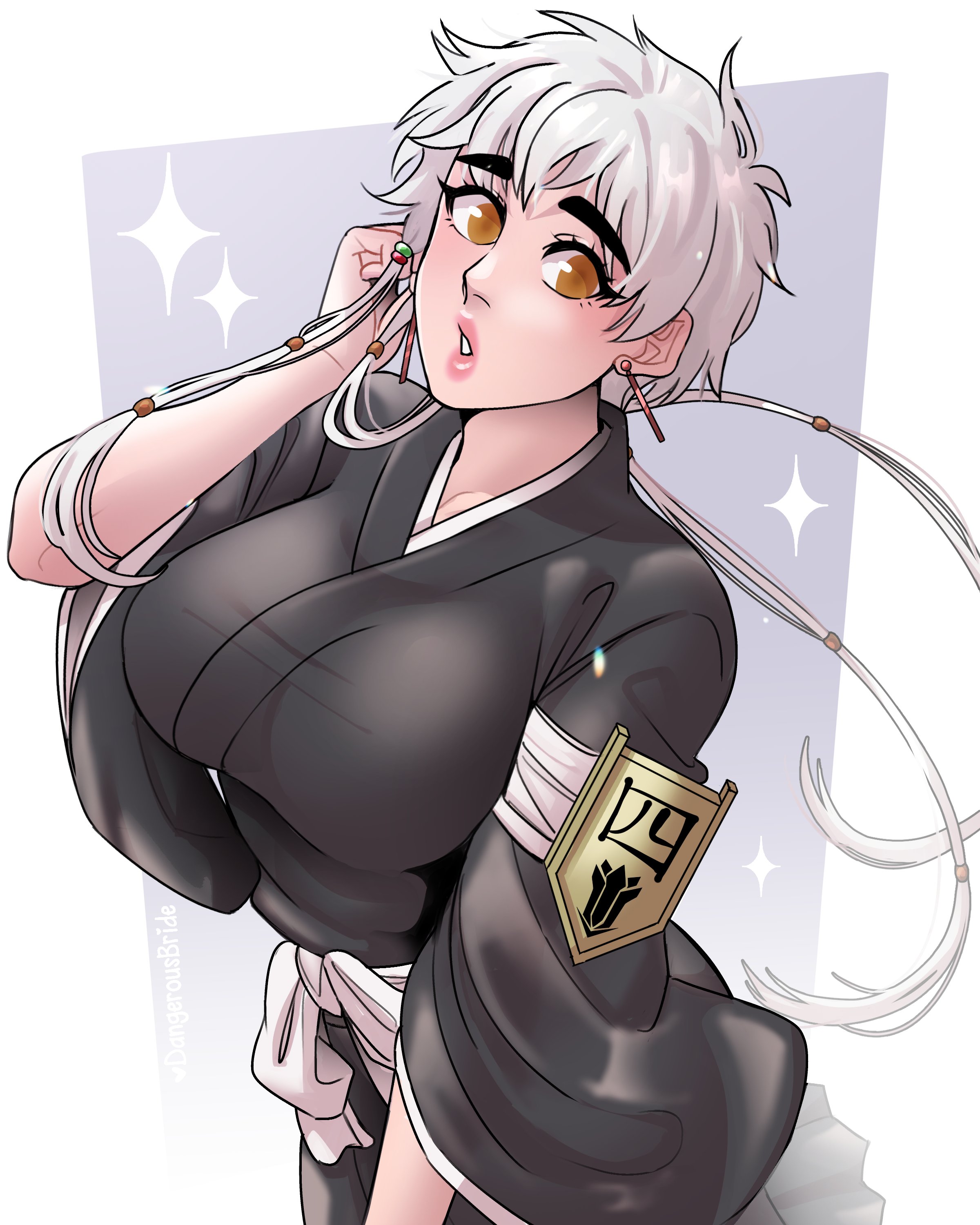 1girl absurdres bleach breasts dangerousbride earrings highres jewelry kotetsu_isane lips looking_at_viewer robe short_hair solo white_hair