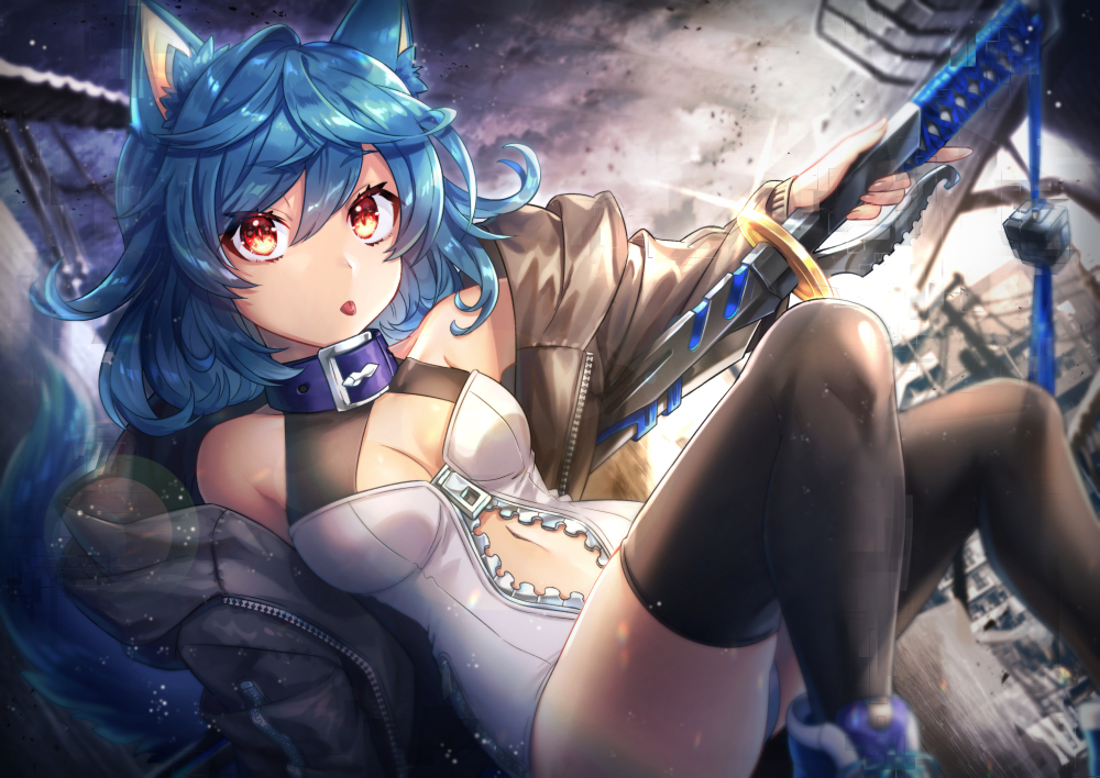 1girl animal_ear_fluff animal_ears ass bad_id bad_pixiv_id bare_shoulders black_jacket black_thighhighs blue_hair breasts cleavage collar female_focus hair_between_eyes holding holding_sword holding_weapon jacket kamuinii knees_up leotard long_sleeves looking_at_viewer medium_breasts navel off_shoulder open_clothes open_jacket original partially_unzipped reclining red_eyes shoes short_hair solo sword tail thighhighs thighs tongue tongue_out weapon white_leotard wolf_ears wolf_girl wolf_tail