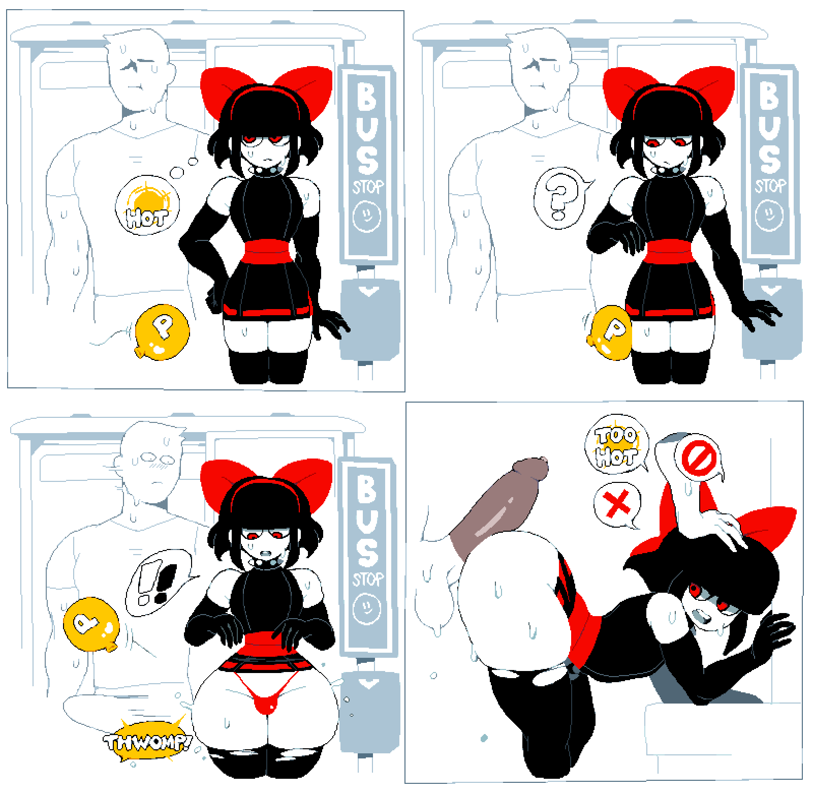 2boys 4koma bent_over black_hair bulge buttjob choker comic condom condom_on_penis crossdressing crossdressing_(mtf) dizzyspells erection erection_under_clothes hand_on_another&#039;s_head highres imminent_penetration multiple_boys original penis scythe_(dizzyspells) spiked_choker spikes thick_thighs thighhighs thighs torn_clothes torn_thighhighs trap yaoi