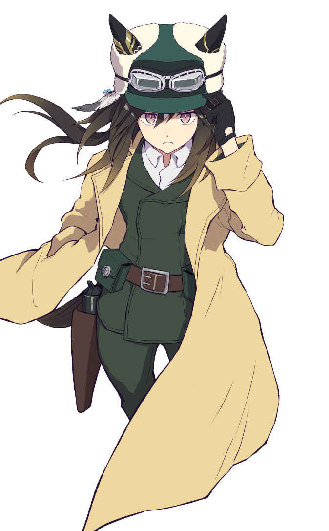 1girl animal_ears belt_pouch black_gloves brown_hair coat cosplay ear_covers ears_through_headwear fur_trim gloves goggles goggles_on_headwear green_hat gun hand_on_own_hat hat holster horse_ears horse_girl kino_(kino_no_tabi) kino_(kino_no_tabi)_(cosplay) kino_no_tabi leather_belt long_hair look-alike multicolored_hair pouch shirt simple_background solo stay_gold_(umamusume) tenkey2022 trench_coat umamusume weapon white_background white_shirt