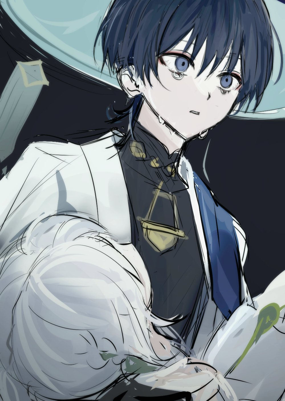 1boy 1girl aqua_hat black_background black_bodysuit black_hair blue_cape bodysuit cape carrying covered_collarbone despair dress facing_up genshin_impact half_crown_braid hand_on_another&#039;s_shoulder hat highres japanese_clothes jingasa kimono kocokooo mandarin_collar nahida_(genshin_impact) open_clothes open_kimono parted_lips princess_carry purple_eyes scaramouche_(genshin_impact) sketch tears veins wanderer_(genshin_impact) white_dress white_hair white_kimono white_mouth white_sleeves wide-eyed