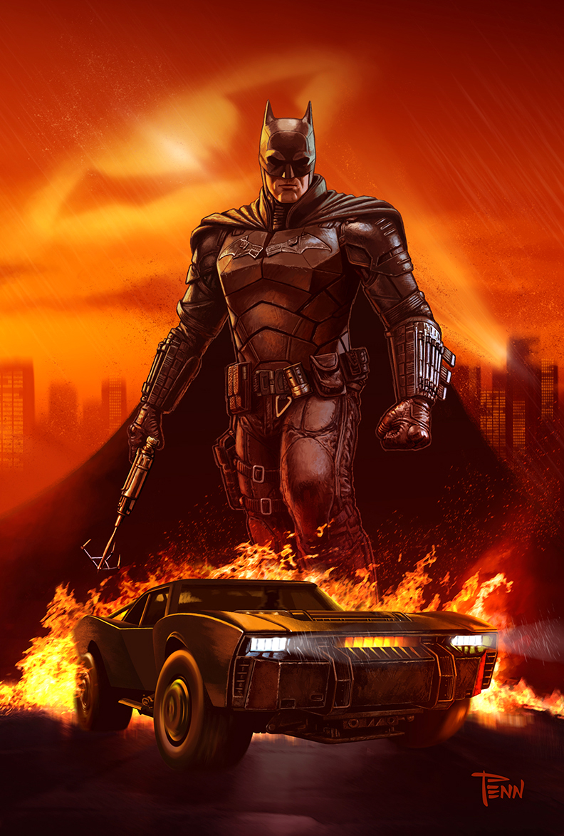 1boy artist_name bat_signal batman batman_(series) batmobile black_bodysuit black_cape black_car bodysuit cape car commentary dc_comics english_commentary fire glowing looking_at_viewer male_focus mike_penn motor_vehicle muscle_car orange_sky rain sky superhero_costume the_batman_(2022) vehicle_focus