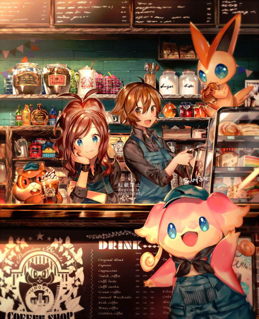 1boy 1girl ahoge alcohol antenna_hair apron arm_up artist_name audino bad_id bad_pixiv_id bag black_eyes black_neckerchief black_shirt blue_apron blue_eyes blue_headwear blush bottle bread brown_eyes brown_hair cafe cake chalkboard closed_mouth clothed_pokemon coffee coffee_maker colored_sclera cup cupcake drinking_glass eating english_text flour food gen_5_pokemon hand_up hands_up happy hat head_rest high_ponytail hilbert_(pokemon) hilda_(pokemon) holding honey honey_dipper indoors jam jar kettle legendary_pokemon long_sleeves looking_at_another looking_at_viewer menu mythical_pokemon naru_(andante) neckerchief nintendo open_mouth overalls paper_bag patrat pokemon pokemon_(creature) pokemon_bw ponytail red_sclera sandwich shirt short_hair signature sitting smile spoon standing string_of_flags sugar teeth victini wristband