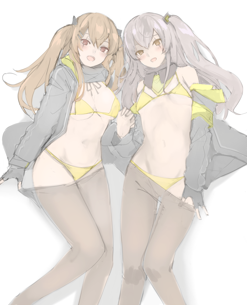 2girls bikini girls&#039;_frontline mobu multiple_girls pantyhose solo swimsuit ump45_(girls&#039;_frontline) ump9_(girls&#039;_frontline) white_background