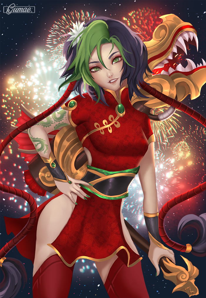 1girl alternate_hair_color black_hair breasts china_dress chinese_clothes dress firecracker_jinx fireworks green_eyes green_hair gumae hair_ornament jinx_(league_of_legends) league_of_legends lips long_hair multicolored_hair red_dress tattoo thighhighs twintails