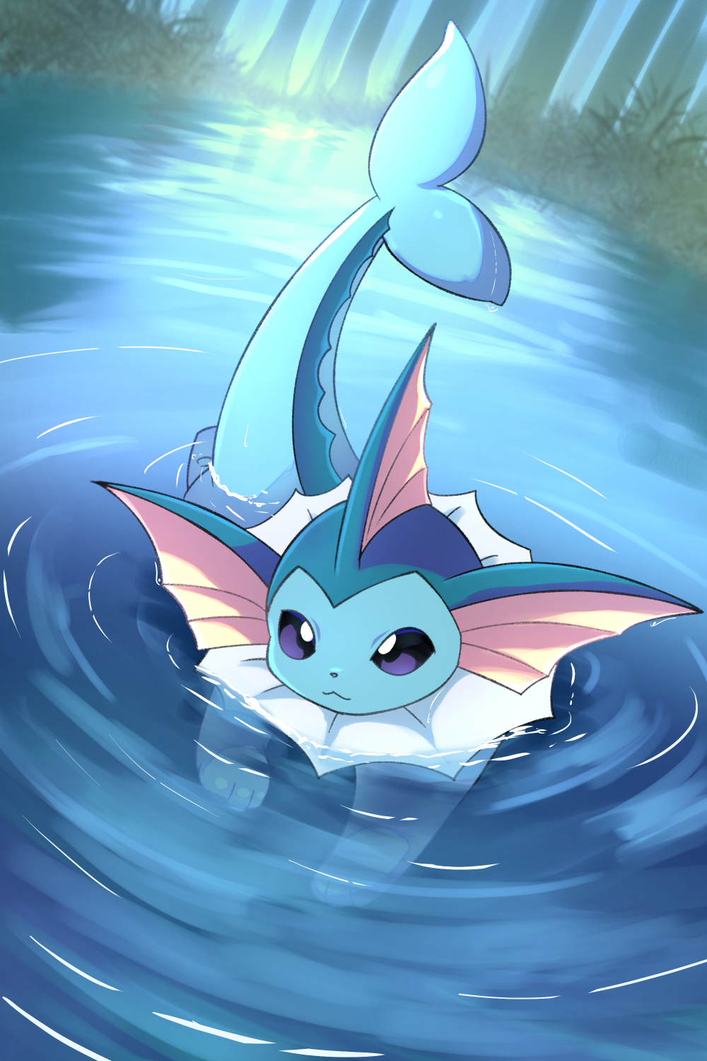 blue_scales day forked_tail full_body game_freak gen_1_pokemon highres nintendo no_humans outdoors partially_submerged pokemon pokemon_(creature) purple_eyes rumine_(yoshi1234567) tail vaporeon water