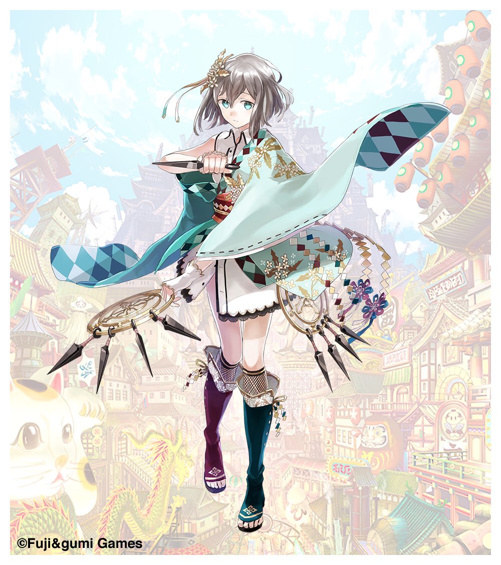 1girl aqua_eyes closed_mouth commentary_request company_name full_body green_kimono grey_hair hair_between_eyes hair_ornament hiiragi_(shinobi_nightmare) holding japanese_clothes kimono kunai looking_at_viewer obi official_art phantom_of_the_kill sash second-party_source shinobi_nightmare sleeveless solo standing watarubou weapon
