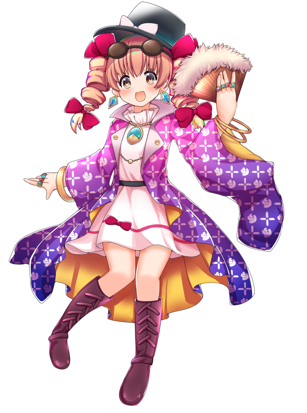 1girl bangle black_hat blonde_hair boots bow bracelet coat dress drill_hair earrings eyewear_on_head game_cg hair_bow hakurei_frontier_spell_strive hand_fan hat hat_bow highres holding holding_fan jewelry knee_boots long_hair looking_at_viewer multiple_rings necklace official_art open_clothes open_coat open_mouth pendant purple_coat rapameri red_bow ring smile solo sunglasses third-party_source top_hat touhou transparent_background twin_drills white_bow white_dress yellow_eyes yorigami_jo&#039;on