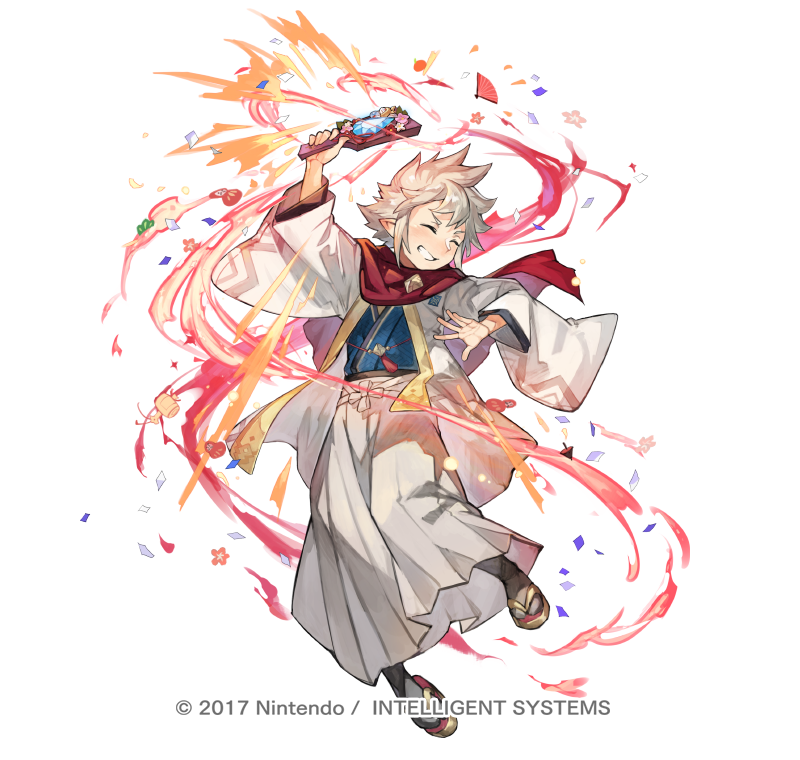 1boy closed_eyes copyright_notice dragonstone fire_emblem fire_emblem_fates fire_emblem_heroes full_body grin hagoita heart_attack japanese_clothes kana_(fire_emblem) kana_(male)_(fire_emblem) kana_(male)_(rising_dragon)_(fire_emblem) kimono male_focus nintendo official_alternate_costume official_art paddle scarf simple_background smile solo spiked_hair tapioka_chaso teeth v-shaped_eyebrows white_background white_hair