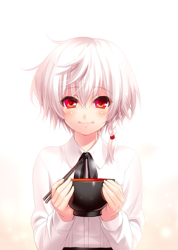 1girl black_neckwear blush bowl braid breasts chopsticks closed_mouth female_focus hair_censor hirari_minase holding holding_bowl holding_chopsticks holy_breaker! long_sleeves looking_at_viewer red_eyes shirt short_hair side_braid solo white_background white_hair white_shirt zen