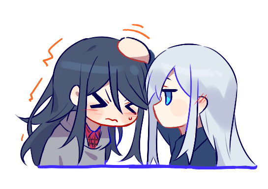 &gt;_&lt; 2girls bent_over black_hair blue_eyes blush blush_stickers chibi collared_shirt cropped_torso ear_blush frown hair_behind_ear hand_on_another&#039;s_head headpat hoshino_ichika_(project_sekai) jitome long_hair motion_lines multiple_girls nervous no_mouth plaid_clothes plaid_shirt profile project_sekai red_shirt shirt shy silver_hair simple_background sweatdrop twitching upper_body v-shaped_eyebrows very_long_hair wavy_mouth white_background ximuye yoisaki_kanade