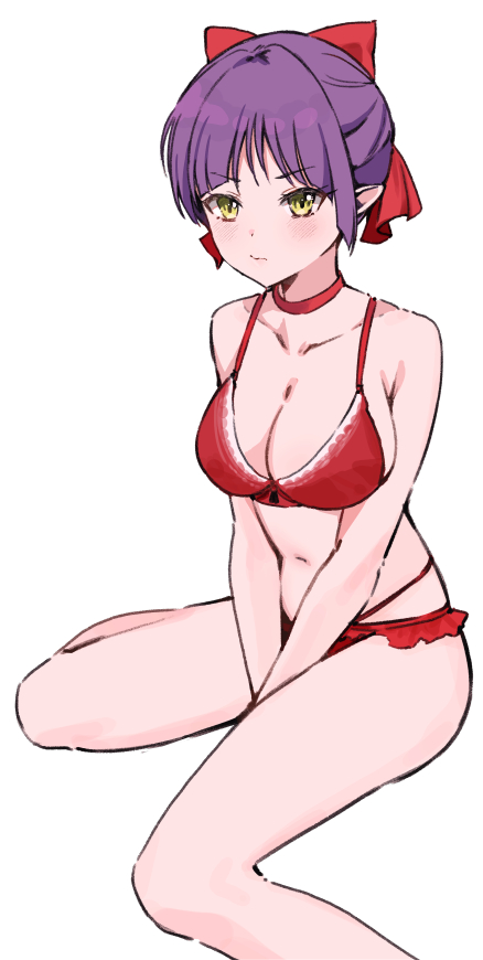 1girl arms_between_legs bare_arms bare_legs bare_shoulders bow bra breasts choker cleavage closed_mouth collarbone embarrassed foot_out_of_frame frilled_panties frills gegege_no_kitarou hair_bow hands_between_legs large_breasts light_blush looking_at_viewer multi-strapped_panties navel nekomusume panties purple_hair red_bow red_bra red_choker red_panties short_hair simple_background sitting solo tanukiya underwear underwear_only updo v-shaped_eyebrows wariza white_background yellow_eyes