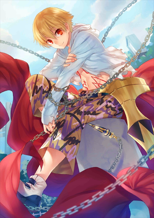 1boy blonde_hair chain child child_gilgamesh_(fate) enkidu_(weapon)_(fate) fate/grand_order fate/hollow_ataraxia fate_(series) gilgamesh_(fate) jacket looking_at_viewer male_focus navel official_art open_clothes open_jacket outdoors red_eyes short_hair solo tenkuu_sphere torn_clothes torn_jacket white_jacket