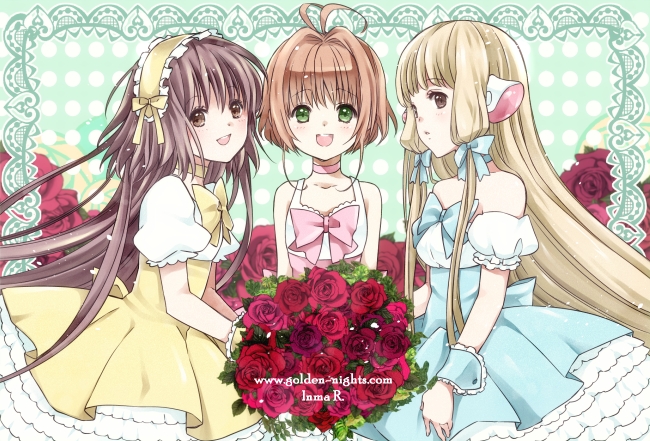 00s 1990s_(style) 3girls blonde_hair bouquet brown_eyes brown_hair cardcaptor_sakura chii child chobits creator_connection crossover dress flower green_eyes hairband hanato_kobato inma kinomoto_sakura kobato. long_hair multiple_crossover multiple_girls retro_artstyle robot_ears rose short_hair