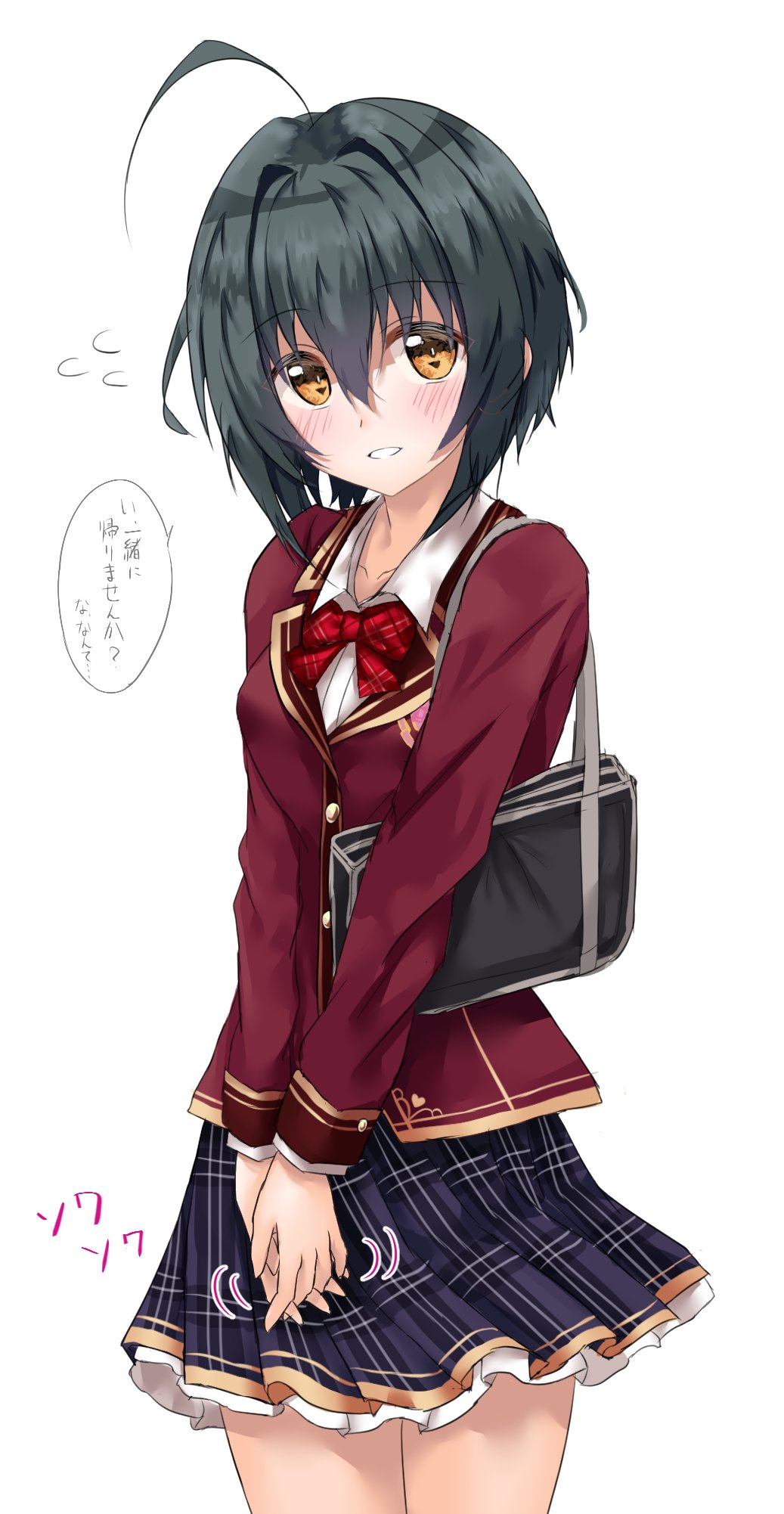 1girl ahoge ashinagi_(bijutu1) black_hair blazer blush bow bowtie breasts commentary flying_sweatdrops highres idolmaster idolmaster_cinderella_girls jacket kohinata_miho long_sleeves looking_at_viewer medium_breasts own_hands_together red_bow red_bowtie red_jacket school_uniform short_hair simple_background solo speech_bubble translated white_background