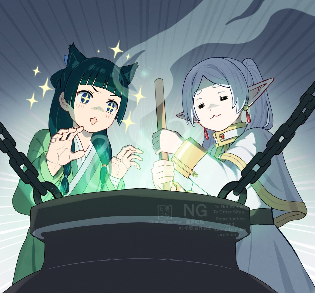 +_+ 2girls :3 :d =_= animal_ear_fluff animal_ears bandaged_arm bandages blunt_bangs capelet cat_ears cauldron chain chinese_clothes cooking crossover dress earrings frieren gold_trim green_hair green_hanfu grey_hair hands_up hanfu kusuriya_no_hitorigoto long_hair long_pointy_ears maomao_(kusuriya_no_hitorigoto) multiple_girls open_mouth parted_lips pendant_earring pointy_ears sarasa_kouhaku sleeve_cuffs smile sousou_no_frieren teardrop_earrings twintails upper_body v-shaped_eyebrows white_capelet white_dress