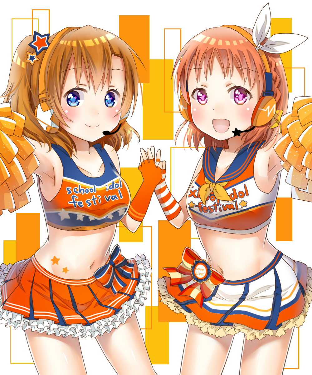 2girls blue_eyes braid breasts collarbone commentary_request fingerless_gloves gloves headphones highres korin_(ra-sky07) kosaka_honoka love_live! love_live!_school_idol_festival love_live!_school_idol_project love_live!_sunshine!! midriff multiple_girls navel no_ahoge one_side_up orange_hair pom_pom_(cheerleading) red_eyes short_hair side_braid small_breasts takami_chika takaramonozu