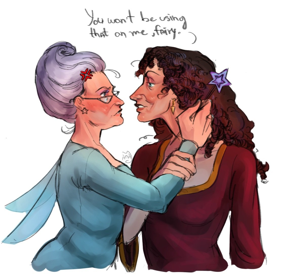 2girls black_hair dress face-to-face fairy_godmother_(shrek) fairy_wings glasses mother_gothel multiple_girls pink_dress rapunzel red_dress shrek_(series) white_hair wings yezaarts yuri