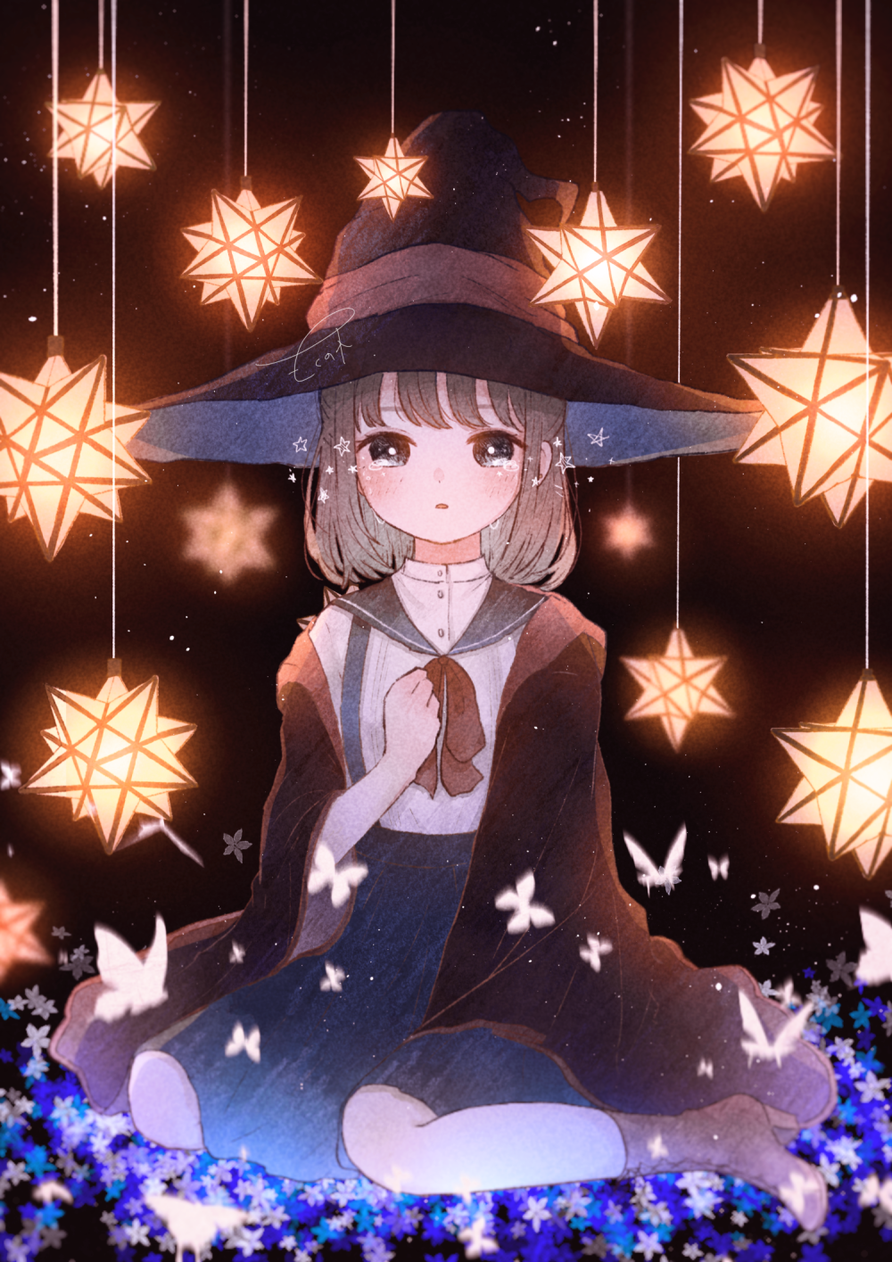 1girl :o brown_hair cloak crying crying_with_eyes_open eyebrows_hidden_by_hair fantasy floating_tears hand_on_own_chest hat highres looking_at_viewer mokunoki open_cloak open_clothes open_mouth original sailor_collar shirt sitting skirt small_stellated_dodecahedron solo star_(symbol) star_tears suspender_skirt suspenders tears white_shirt witch witch_hat
