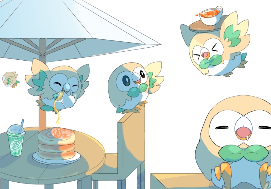 &gt;_&lt; bad_id bad_pixiv_id bird closed_eyes commentary_request cup drinking_straw drooling flying food gen_7_pokemon holding_jug jug_(bottle) mouth_hold nintendo no_humans open_mouth owl pancake pokemon pokemon_(creature) rowlet saliva sorubetto teacup tongue white_background