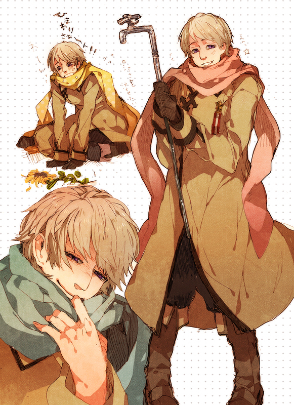 1boy arrow_(symbol) axis_powers_hetalia baggy_pants black_gloves black_pants blue_scarf boots brown_boots brown_coat closed_mouth coat collared_coat commentary_request crying crying_with_eyes_open flower full_body gloves grey_hair hands_up holding holding_lead_pipe lead_pipe looking_at_viewer looking_down male_focus medal multiple_views pants petals pink_scarf polka_dot polka_dot_background purple_eyes russia_(hetalia) sachiko_(omame) sad scarf short_hair sitting smile star_(symbol) star_ornament sunflower tears teeth upper_body white_background yellow_flower yellow_scarf