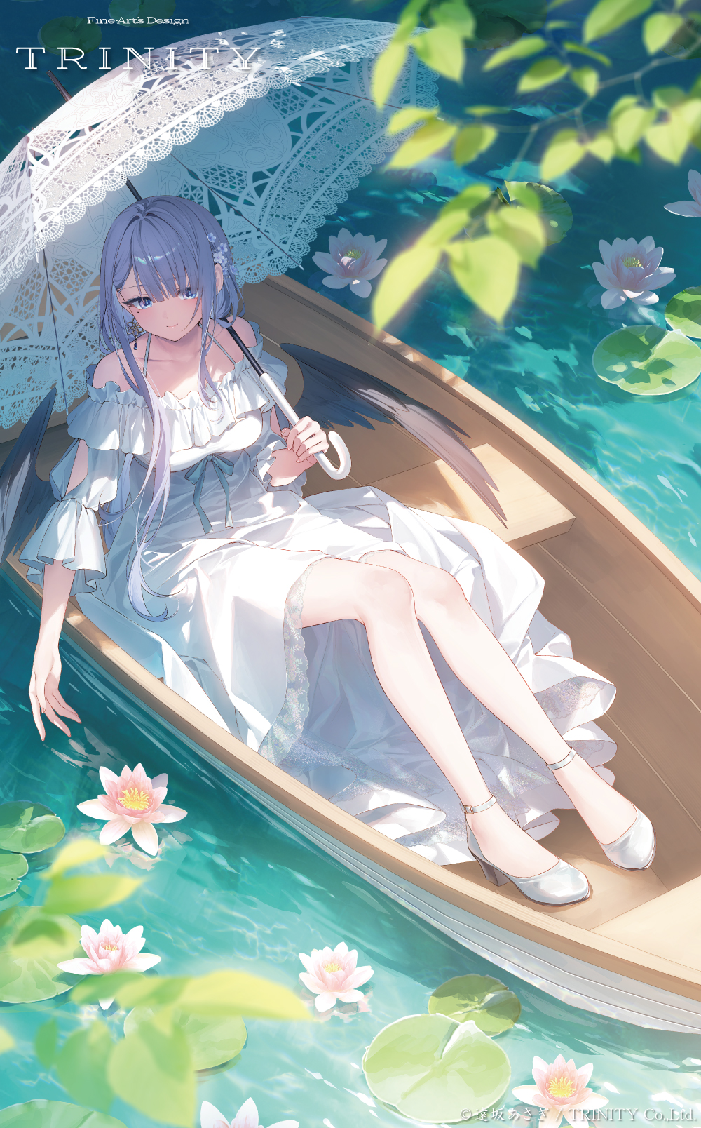 1girl black_wings blue_eyes blue_hair boat closed_mouth dress dress_ribbon feathered_wings flower hair_between_eyes high_heels highres holding holding_umbrella leila_(toosaka_asagi) lily_pad long_hair long_sleeves looking_at_viewer lotus mole mole_under_eye off-shoulder_dress off_shoulder on_boat original outdoors sitting smile solo toosaka_asagi umbrella watercraft white_dress white_footwear wings