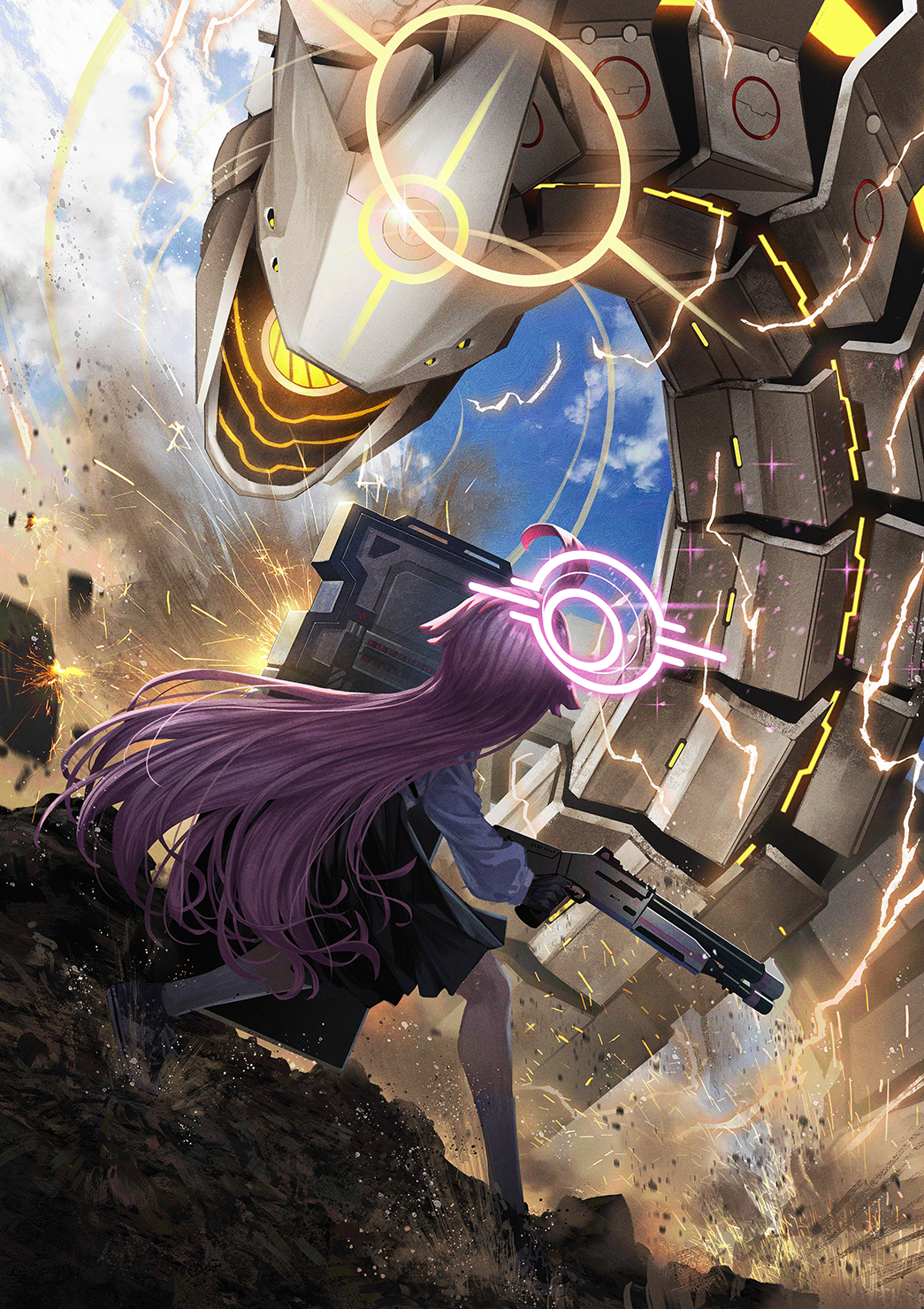 1girl ahoge ballistic_shield battle binah_(blue_archive) black_gloves black_skirt blue_archive cloud commentary_request dirt electricity gloves gun halo highres holding holding_gun holding_weapon hoshino_(blue_archive) long_hair long_sleeves miyoshi_nao_(miyoshist) pink_hair pleated_skirt riot_shield shield shirt shotgun skirt sky snake very_long_hair weapon white_shirt