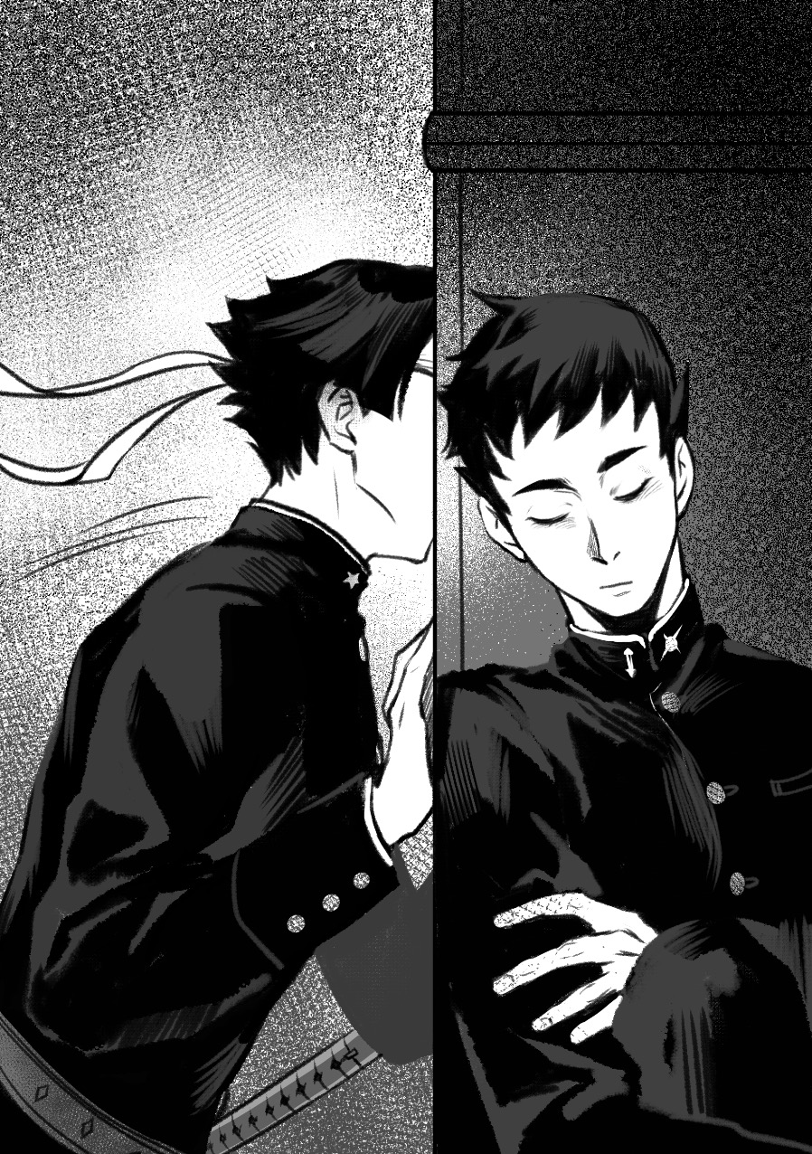 2boys ace_attorney belt buttons chinese_commentary choppy_bangs closed_eyes closed_mouth commentary_request crossed_arms greyscale headband highres jacket kaze_(yznyttdgs) kazuma_asogi long_sleeves male_focus monochrome multiple_boys ryunosuke_naruhodo short_bangs short_hair the_great_ace_attorney translation_request