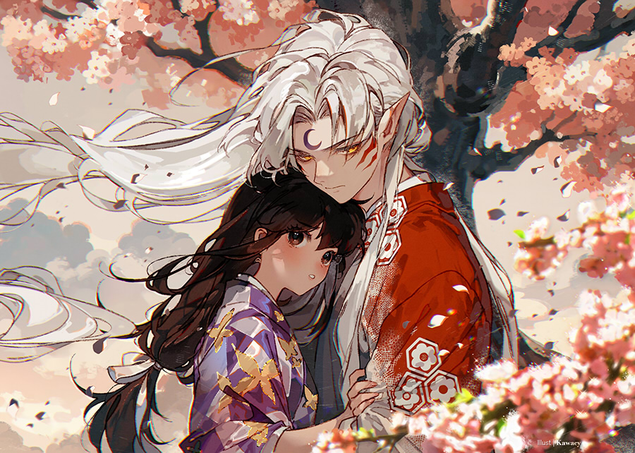 1boy 1girl black_hair blush brown_eyes cherry_blossoms closed_mouth cloud cloudy_sky facial_tattoo falling_petals floating_hair glowing glowing_eyes hair_tie han&#039;you_no_yashahime hand_on_another&#039;s_arm hetero hug inuyasha japanese_clothes kawacy kimono long_hair looking_at_another looking_to_the_side parted_bangs parted_lips petals pointy_ears purple_kimono red_kimono rin_(inuyasha) sesshoumaru sidelocks sky tattoo teeth tree upper_teeth_only white_hair wind yellow_eyes