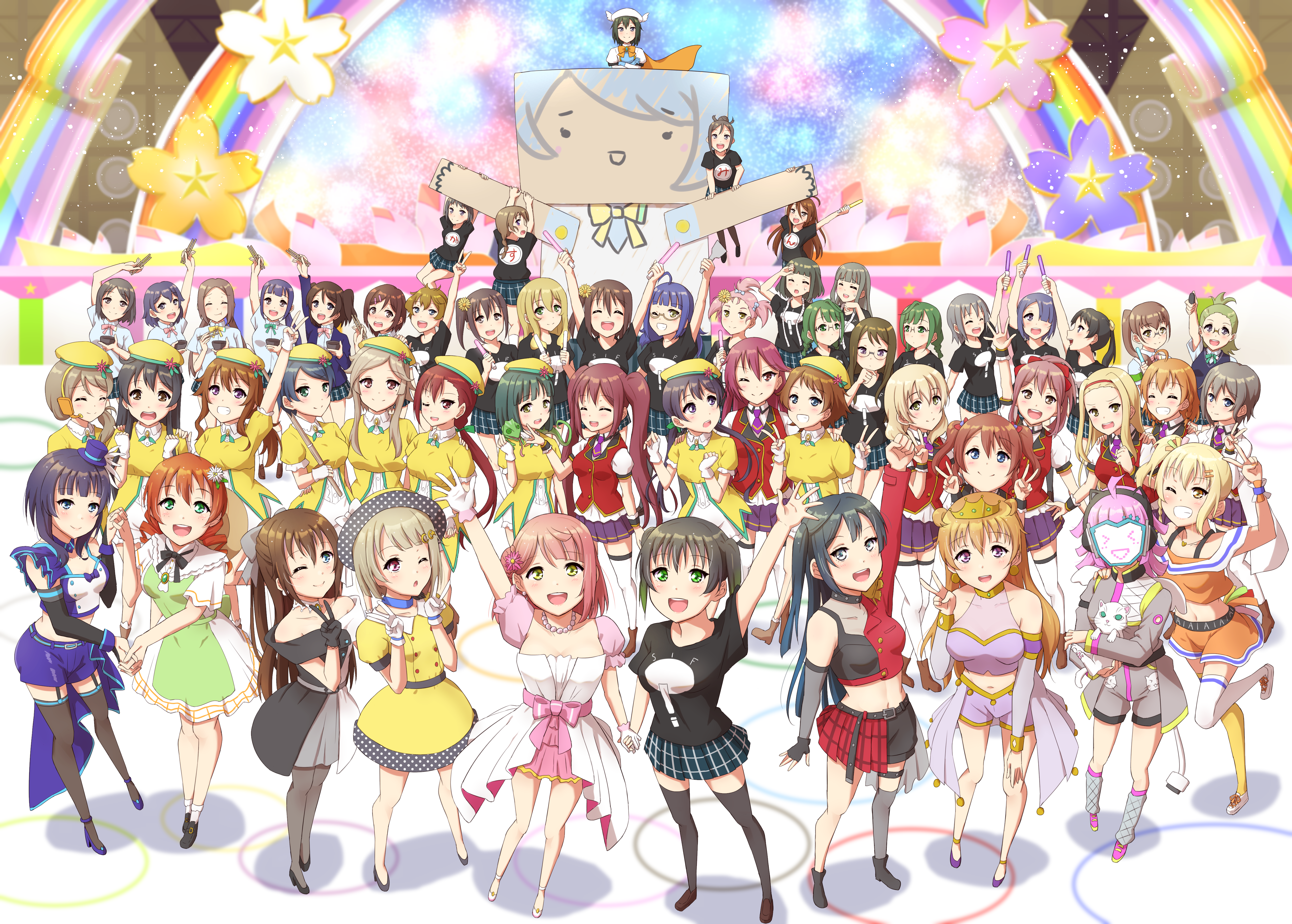 6+girls absolutely_everyone absurdres ahoge aikawa_ryo animal arm_up arms_up asagi_(love_live!) asaka_karin ayanokoji_himeno bare_shoulders black_hair blonde_hair blue_eyes blue_hair blush bow bowl braid breasts brown_eyes brown_hair cape cat chameleon cheek_bulge choker chopsticks christina_(love_live!) cleavage closed_eyes closed_mouth crescent crescent_hair_ornament crossed_arms earrings eating emma_verde everyone fingerless_gloves flower freckles glasses gloves glowstick green_eyes green_hair grey_hair grin hair_bow hair_bun hair_flower hair_ornament hairband hairclip hanpen_(love_live!) hasekura_kasane hat headphones high_heels highres holding holding_glowstick holding_hands iroha_(love_live!) jewelry kadota_tsurugi kamiya_rika kikkawa_mizuki kirihara_yuuka konoe_haruka konoe_kanata kurosaki_shun_(love_live!) kyoko_(love_live!) large_breasts long_hair looking_at_another looking_at_viewer love_live! love_live!_nijigasaki_high_school_idol_club mask medium_breasts medium_hair mido_yuri midriff miyashita_ai miyashita_coco mole mole_under_eye multicolored_hair multiple_girls nakasu_kasumi navel necklace necktie nijigasaki_student_council_secretary nijigasaki_student_council_vice_president one_eye_closed one_eye_covered open_mouth orange_eyes osaka_shizuku parted_lips pink_eyes pink_hair ponytail purple_eyes qy73 red_eyes red_hair saiki_fuu shadow shido_misaki shirase_koyuki shirt shitara_fumi shoes short_hair siblings side_ponytail single_hair_bun sisters skirt small_breasts smile standing standing_on_one_leg takasaki_yu teeth tennoji_rina thighhighs tiara twins twintails uehara_ayumu v waving wink yuki_sana yuki_setsuna