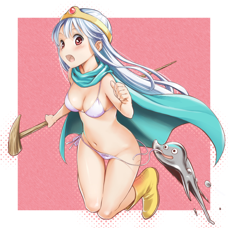 1girl :o assisted_exposure bikini blue_hair blush boots bow bow_bikini breasts cape circlet cleavage clenched_hands dragon_quest dragon_quest_iii full_body gem groin halftone hip_focus holding jumping konoe_(vis9191) liquid_metal_slime_(dq) long_hair looking_at_viewer monster navel open_mouth outline pink_background red_eyes sage_(dq3) side-tie_bikini_bottom silver_hair slime_(dragon_quest) staff string_bikini surprised swimsuit thigh_gap tiara untied_bikini weapon white_bikini