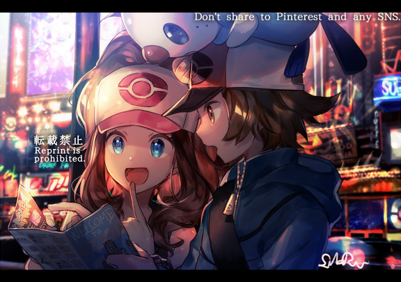 1boy 1girl bad_id bad_pixiv_id baseball_cap bird blue_eyes brown_hair gen_5_pokemon hat high_ponytail hilbert_(pokemon) hilda_(pokemon) jacket long_hair naru_(andante) nintendo on_head open_mouth oshawott pokemon pokemon_(creature) pokemon_bw pokemon_on_head ponytail smile vest