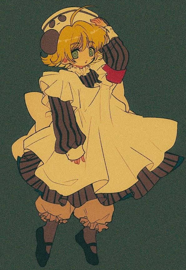 1girl ahoge animal_ears apron arm_up armband back_bow black_footwear blonde_hair bloomers bow bright_pupils collared_dress di_gi_charat dress film_grain flipped_hair full_body green_background green_eyes grey_dress grey_pantyhose hand_on_headwear hat looking_at_viewer nurse_cap open_mouth panda_ears pantyhose pikurusu piyoko red_armband short_hair solo striped_clothes striped_dress underwear white_apron white_bow white_hat white_pupils