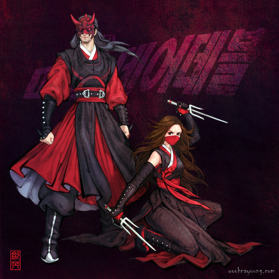 1boy 1girl animification armband black_hair boots breasts brown_hair daredevil detached_sleeves elektra_natchios gloves korean_clothes korean_text long_hair marvel mask mecha_musume mouth_mask nayoung_wooh ninja superhero_costume translated