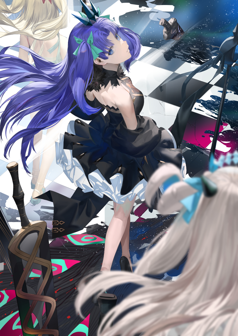 3girls bare_shoulders black_dress black_gloves blazpu blonde_hair blue_eyes blue_hair bow breasts detached_collar dress elbow_gloves ereshkigal_(fate) fate/grand_order fate_(series) gloves hair_bow hair_ornament high_heels highres long_hair looking_at_viewer medium_breasts multiple_girls multiple_persona parted_bangs polearm space_ereshkigal_(fate) space_ereshkigal_(first_ascension)_(fate) space_ereshkigal_(second_ascension)_(fate) space_ereshkigal_(third_ascension)_(fate) sword two_side_up weapon