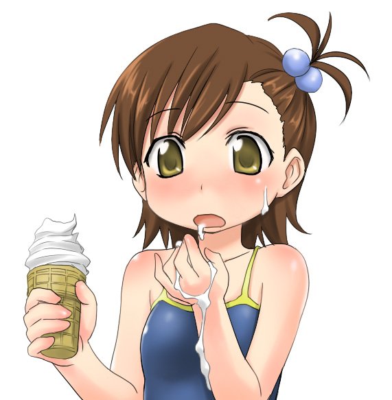 1girl blush breasts brown_hair commentary_request food futami_mami hair_bobbles hair_ornament ice_cream idolmaster idolmaster_(classic) idolmaster_1 one_side_up open_mouth school_swimsuit sexually_suggestive short_hair small_breasts soft_serve solo swimsuit upper_body yellow_eyes zanzi