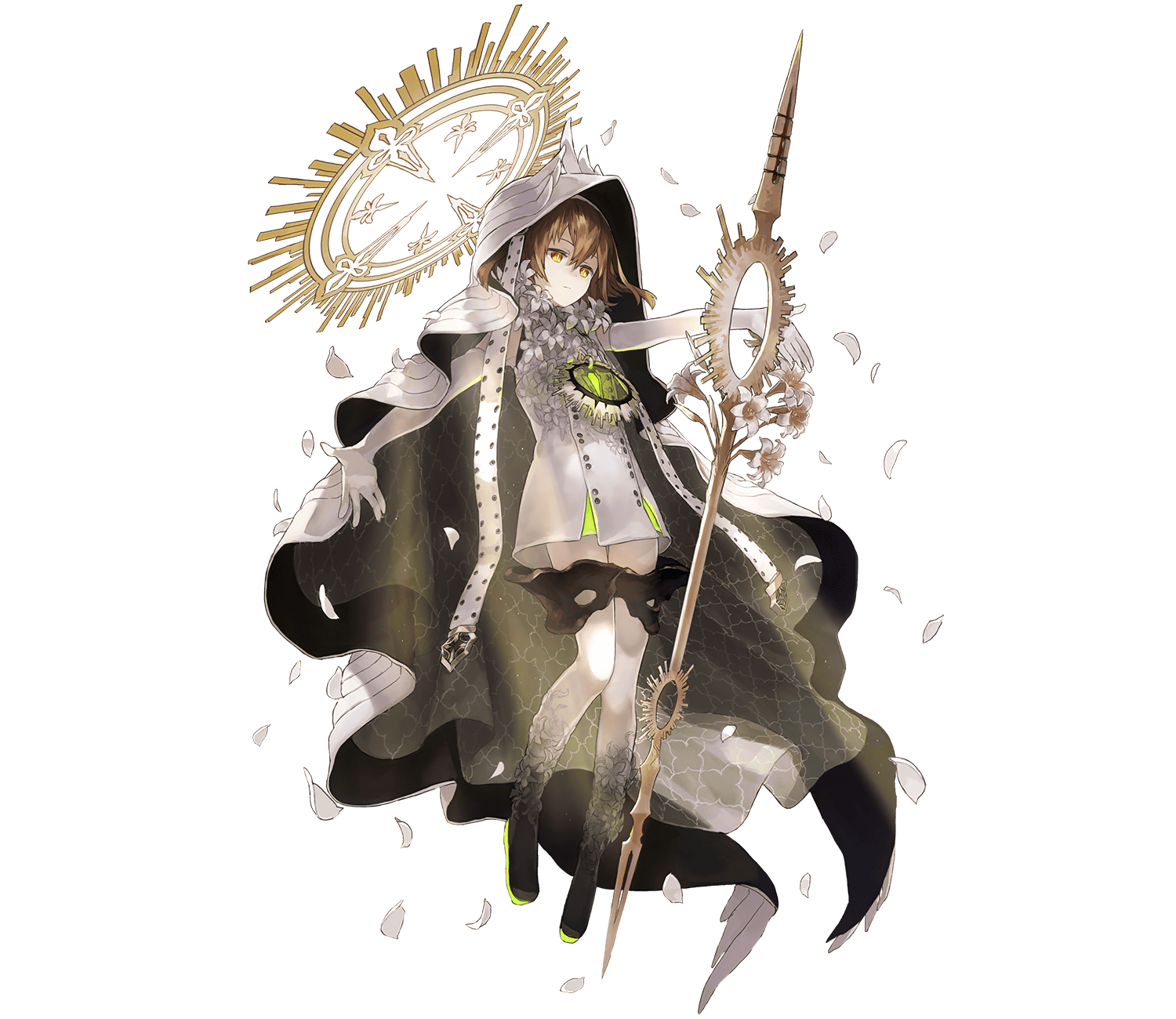 1girl bare_shoulders black_footwear brown_hair brown_halo closed_mouth dress elbow_gloves full_body gloves hair_between_eyes halo highres longinus_(phantom_of_the_kill) official_alternate_costume official_art petals phantom_of_the_kill polearm simple_background solo spear staff transparent_background watarubou weapon white_dress white_gloves white_petals yellow_eyes