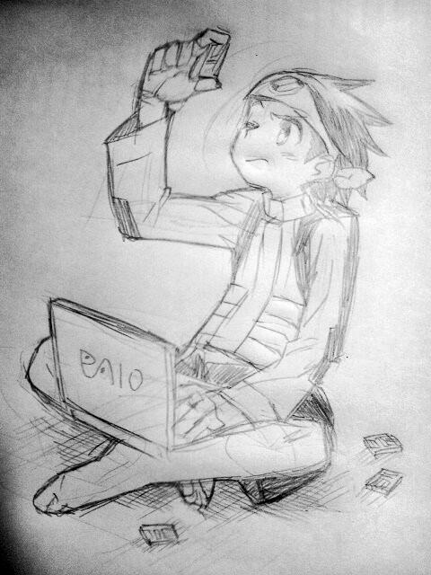 bandana bare_legs barefoot capcom child computer feet jacket lan_hikari_(mega_man) legs mega_man_(series) mega_man_battle_network mega_man_battle_network_(series) microchip sakino_shingetsu shorts sitting toes tongue tongue_out traditional_media