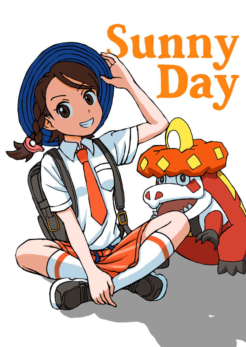 1girl backpack bag blue_hat braid breast_pocket brown_eyes brown_hair collared_shirt commentary_request crocalor grin hand_on_headwear happy hat hedorobakudan juliana_(pokemon) looking_at_viewer necktie nintendo orange_necktie orange_shorts pocket pokemon pokemon_(creature) pokemon_sv school_uniform shirt shoes shorts smile socks teeth white_background white_shirt white_socks