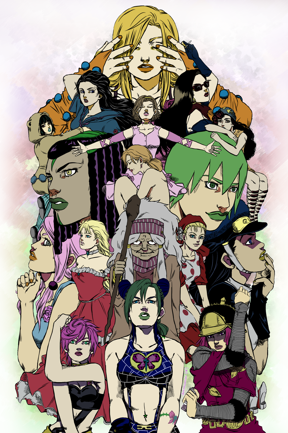 6+boys animal_hood apron bandana battle_tendency black_hair blonde_hair brown_hair dark-skinned_female dark_skin diamond_wa_kudakenai dreadlocks dress enya_geil erina_pendleton ermes_costello eyebrows_hidden_by_hair facial_tattoo foo_fighters_(jojo) hat higashikata_daiya highres hirose_yasuho hood hoodie hot_pants_(sbr) jojo_no_kimyou_na_bouken jojolion kujo_holy kuujou_holly kuujou_jolyne laura_maria lisa_lisa lucy_steel mature_female multiple_boys nijimura_kei outstretched_arms phantom_blood pink_hair ponytail praying sakunami_karera school_uniform serafuku spider_web_print stardust_crusaders steel_ball_run stone_ocean sugimoto_reimi suzi_q tattoo trish_una vento_aureo yamagishi_yukako