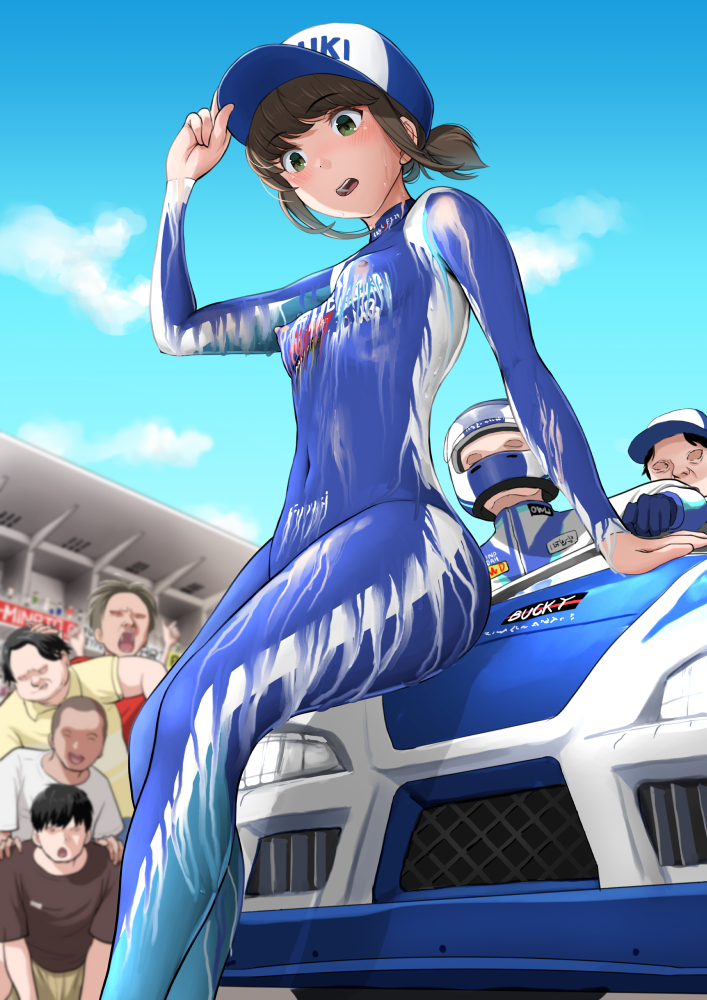 1girl 6+boys arm_up baseball_cap blue_hat blue_sky blush bodypaint breasts car commission completely_nude day exhibitionism faceless faceless_male fubuki_(kancolle) green_eyes hand_on_headwear hat kantai_collection kasu_(kasunohikari) looking_down melting motor_vehicle multiple_boys naked_paint navel nipples nude open_mouth outdoors painted_clothes ponytail public_indecency race_queen race_vehicle racecar short_hair short_ponytail sitting skeb_commission sky small_breasts solo_focus