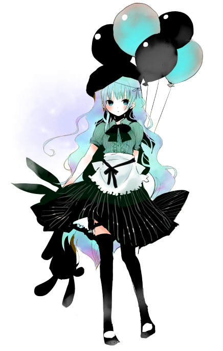 1girl aqua_eyes aqua_hair bad_id bad_pixiv_id balloon beret black_thighhighs chiku female_focus hat legs long_hair original rabbit solo stuffed_animal stuffed_rabbit stuffed_toy thighhighs very_long_hair