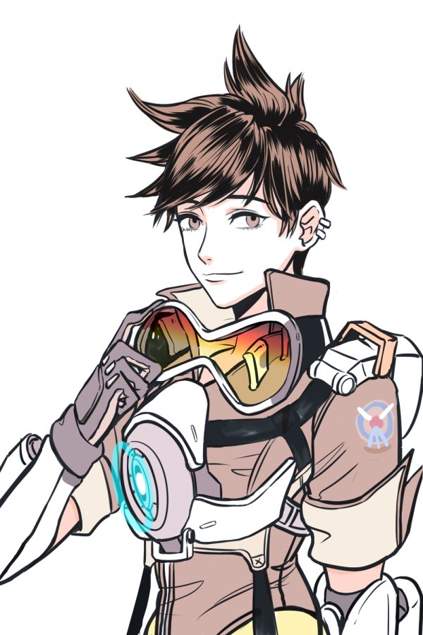 1girl bad_id bad_twitter_id bodysuit bomber_jacket bosong_beoseot breasts brown_eyes brown_gloves brown_hair brown_jacket chest_harness closed_mouth ear_piercing female_focus fur_trim gloves goggles goggles_around_neck hand_up harness jacket leather leather_jacket looking_at_viewer overwatch overwatch_1 pants piercing short_hair short_sleeves simple_background sleeves_rolled_up smile solo spiked_hair strap swept_bangs tracer_(overwatch) vambraces white_background