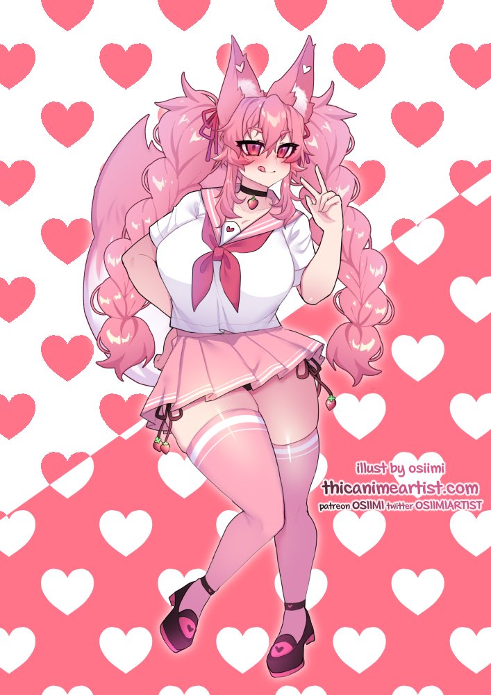 1girl alternate_costume animal_ears blush breasts curvy fox fox_ears fox_girl fox_tail heart heart_background huge_breasts indie_virtual_youtuber kireina_(osiimi) licking_lips miniskirt osiimi pink_background pink_fur pink_hair pink_thighhighs school_uniform skirt tail thick_thighs thighhighs thighs tongue tongue_out twintails two-tone_background virtual_youtuber white_background