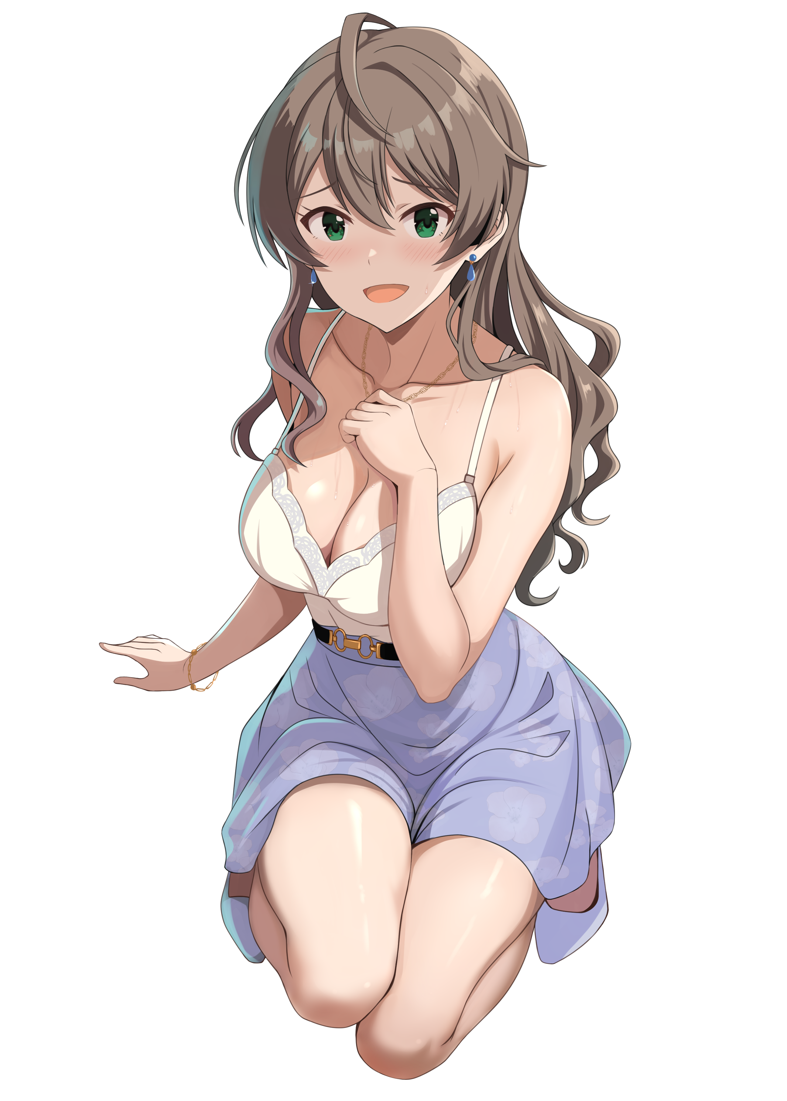 1girl :d absurdres baji_toufuu_(bajitohfu) belt black_belt blue_skirt breasts brown_hair camisole commentary_request earrings green_eyes hair_between_eyes hand_on_own_chest high_heels highres idolmaster idolmaster_million_live! idolmaster_million_live!_theater_days jewelry kneeling large_breasts long_hair open_mouth private_dress_(idolmaster_million_live!) sakuramori_kaori shoes skirt smile solo tongue transparent_background white_camisole white_shoes