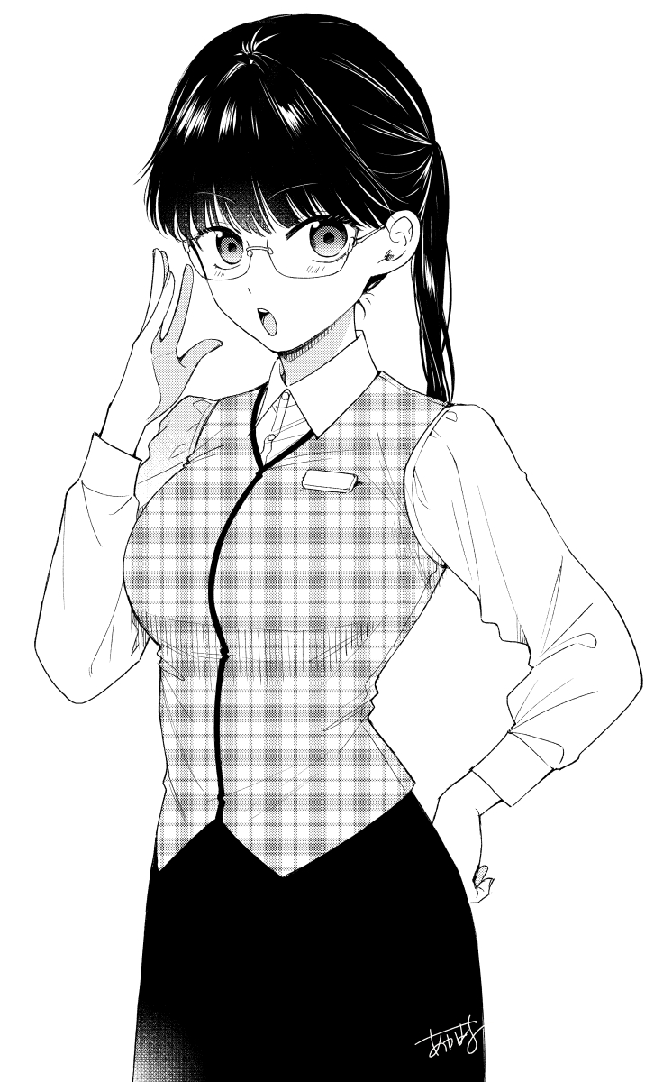 1girl adjusting_eyewear akmr_enmt black_skirt breasts collared_shirt cowboy_shot dress_shirt glasses hand_on_eyewear hand_on_own_hip highres kono_kaisha_ni_suki_na_hito_ga_imasu light_blush lone_nape_hair long_sleeves looking_at_viewer medium_breasts monochrome morizono_maria office_lady official_art open_mouth pencil_skirt plaid_clothes plaid_vest ponytail rimless_eyewear shirt signature skirt solo standing vest