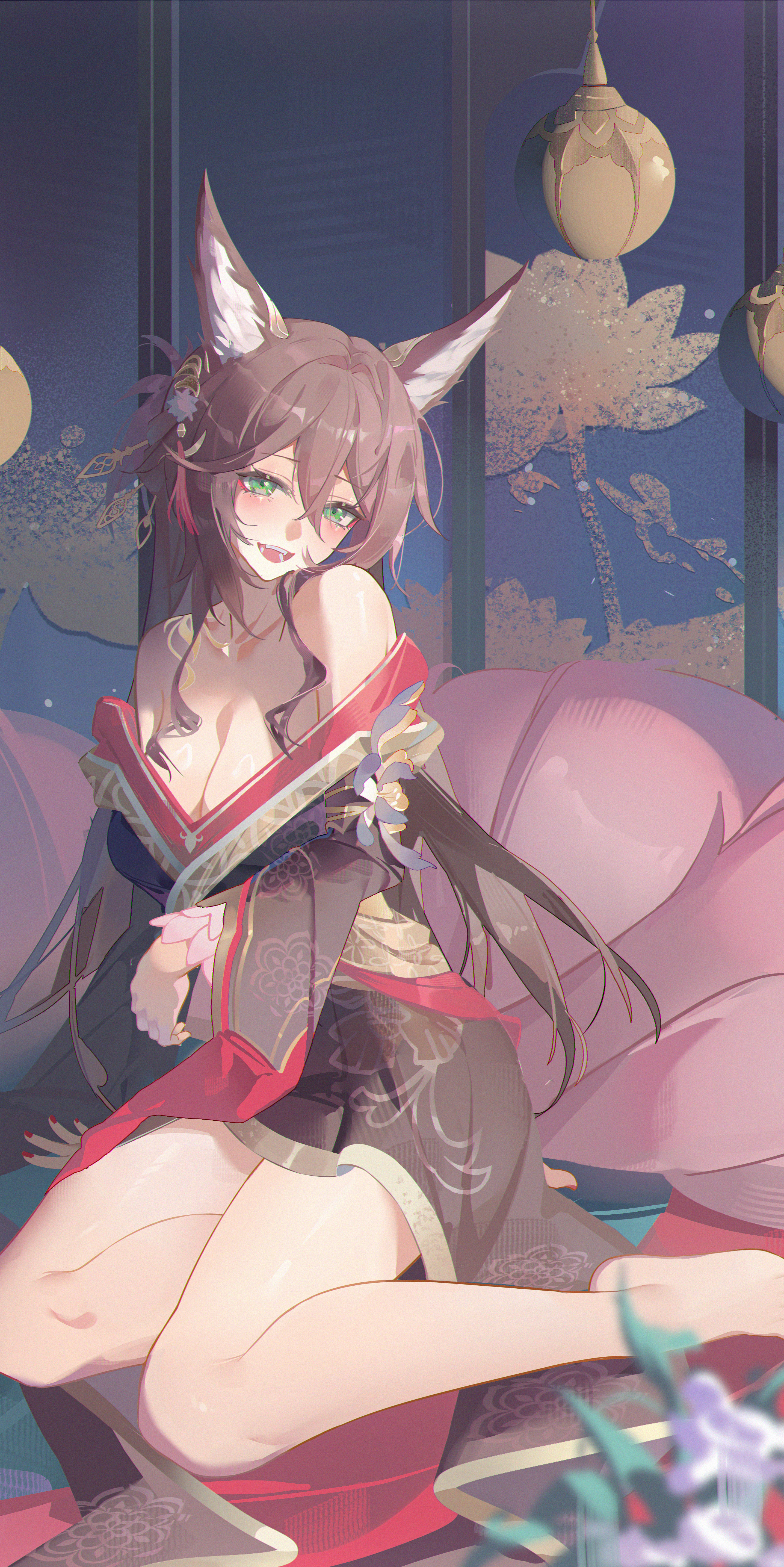 1girl absurdres animal_ear_fluff animal_ears bare_shoulders barefoot breasts brown_hair brown_kimono cleavage collarbone comet-c fox_ears fox_girl fox_tail fugue_(honkai:_star_rail) green_eyes hair_between_eyes highres honkai:_star_rail honkai_(series) japanese_clothes kimono kitsune large_breasts long_bangs looking_at_viewer multiple_tails off_shoulder open_mouth shoulder_tattoo sitting solo tail tattoo tingyun_(honkai:_star_rail) yokozuwari