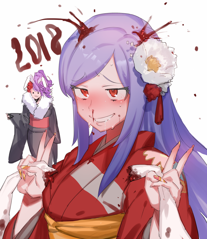 2018 2girls :3 animal_ears black_kimono blood blush commentary_request cookie_(touhou) double_v fake_hisui_(cookie) fingernails flower grin hair_flower hair_ornament hisui_(cookie) holding_ears japanese_clothes kebabu_01 kimono long_hair multiple_girls nose_blush nosebleed obi orange_sash purple_hair rabbit_ears rabbit_girl red_eyes red_kimono red_sash reisen_udongein_inaba sash severed_ear sharp_fingernails shouten_pegasus_mix_mori simple_background smile solo_focus swept_bangs touhou upper_body v white_background white_flower wide_sleeves yellow_nails